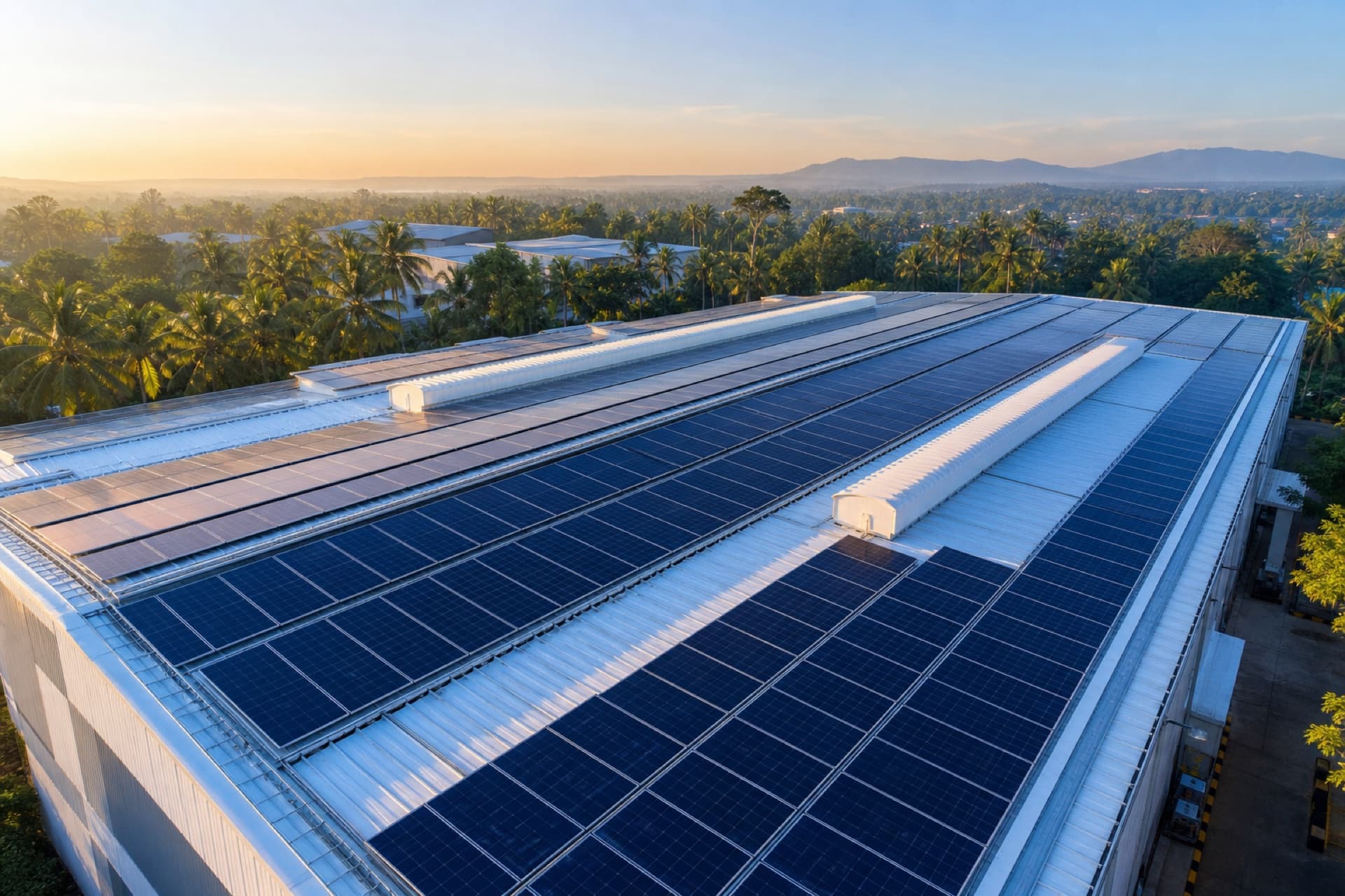 Large commercial rooftop solar installation surrounded by Kerala's tropical landscape