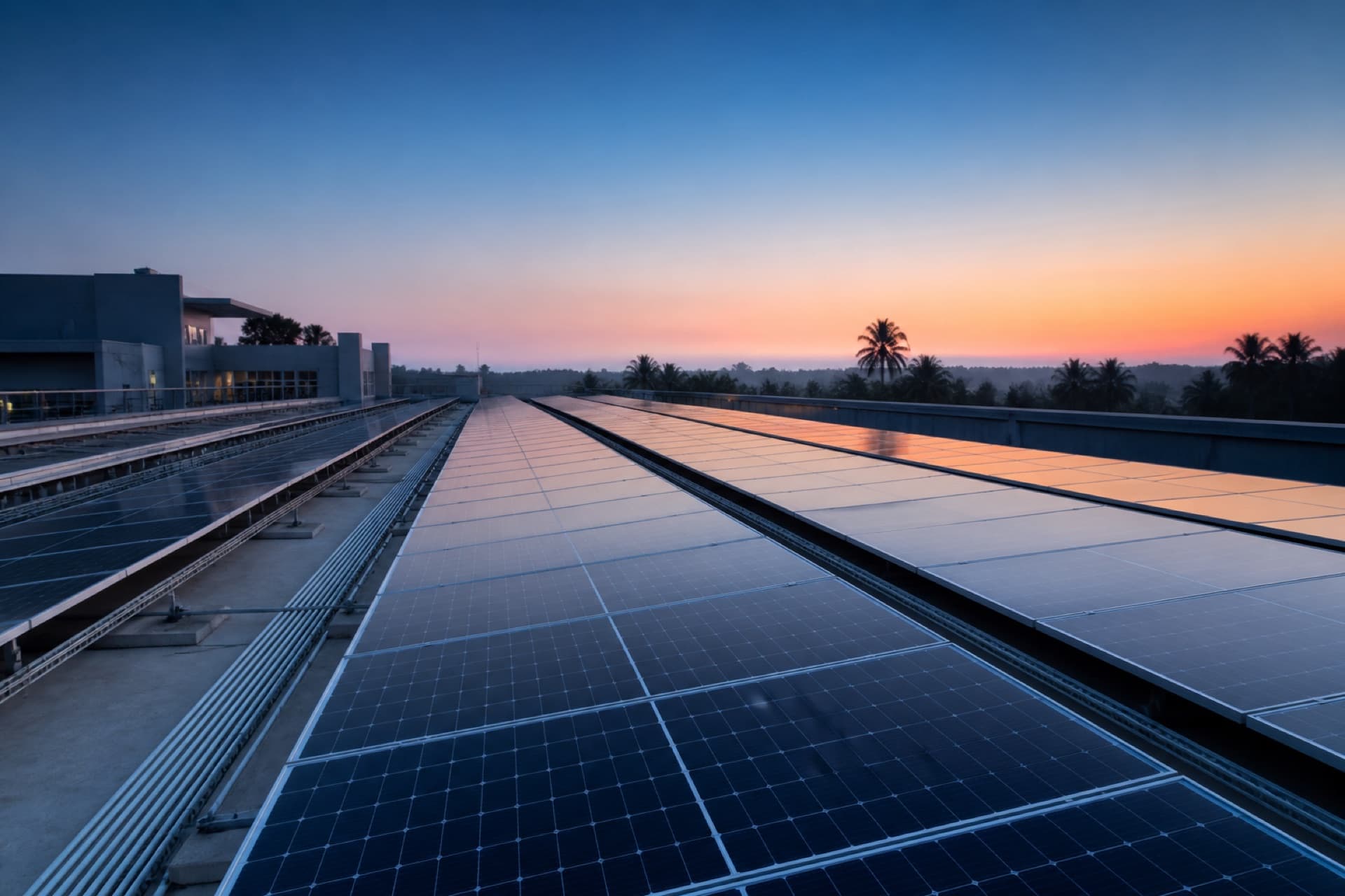 Orderly institutional rooftop solar panels reflecting a blue and orange Kerala sunrise