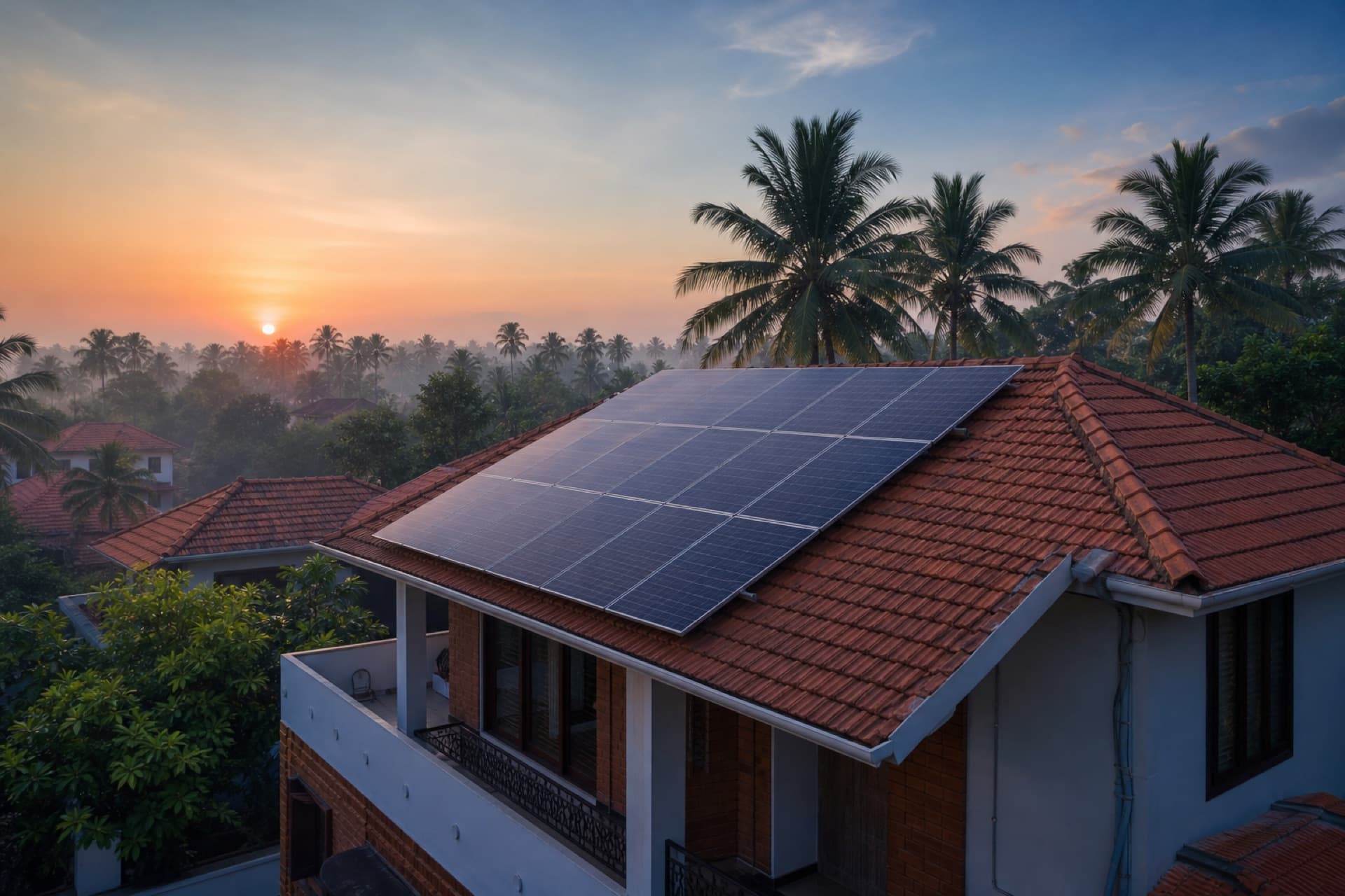 Solar panels installed on a terracotta-tiled Kerala home at sunrise